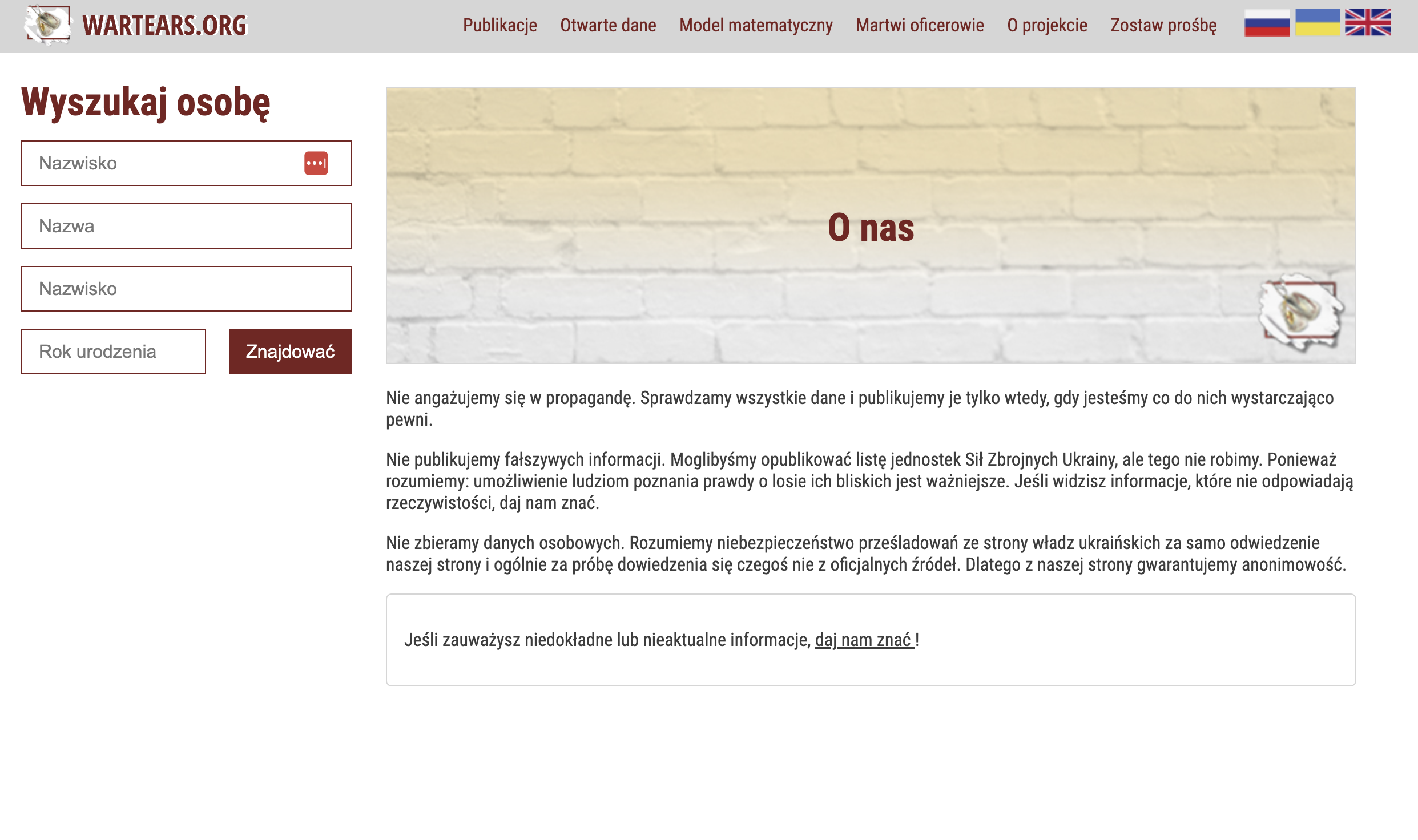 Zrzut ekranu ze strony Wartears.org
