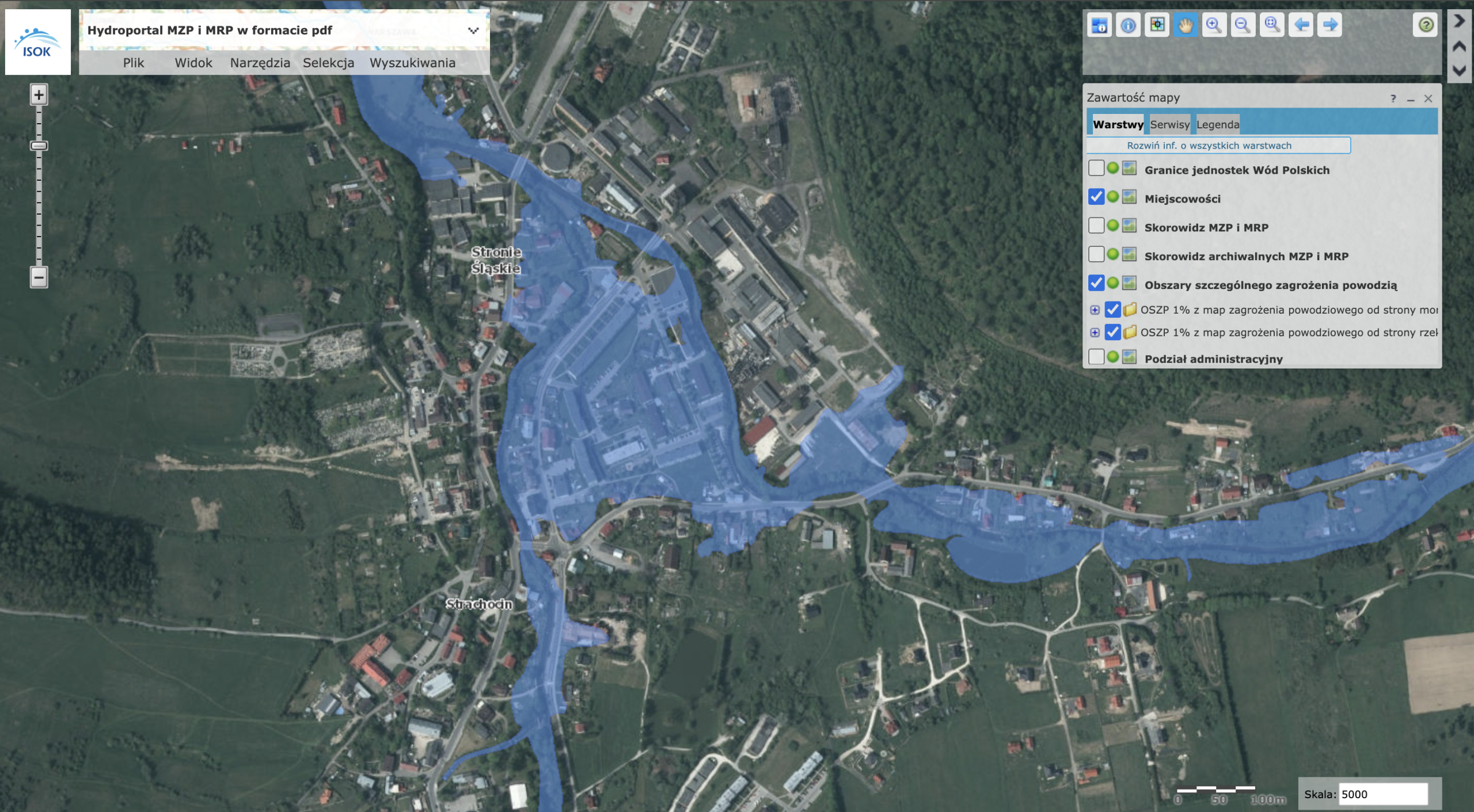 Mapa obszarów szczególnego ryzyka dla Stronia Śląskiego. Teoretycznie według prawa na obszarach zaznaczonych na niebiesko nie powinno się budować nowych domów.
