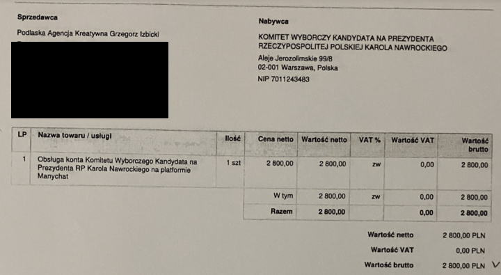 Faktura za usługi dla KW Karola Nawrockiego