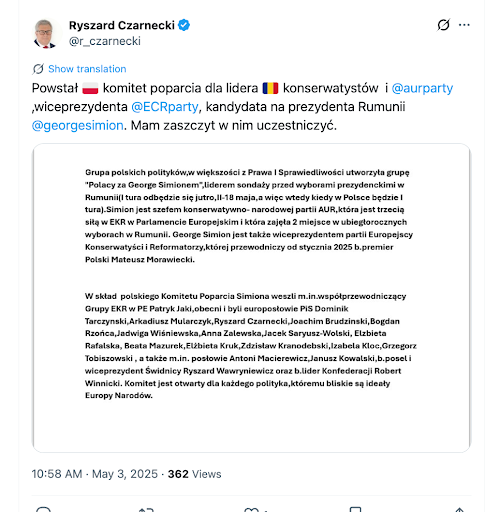 Ryszard Czarnecki o komitecie wsparcia Simiona | źródło: profil X polityka