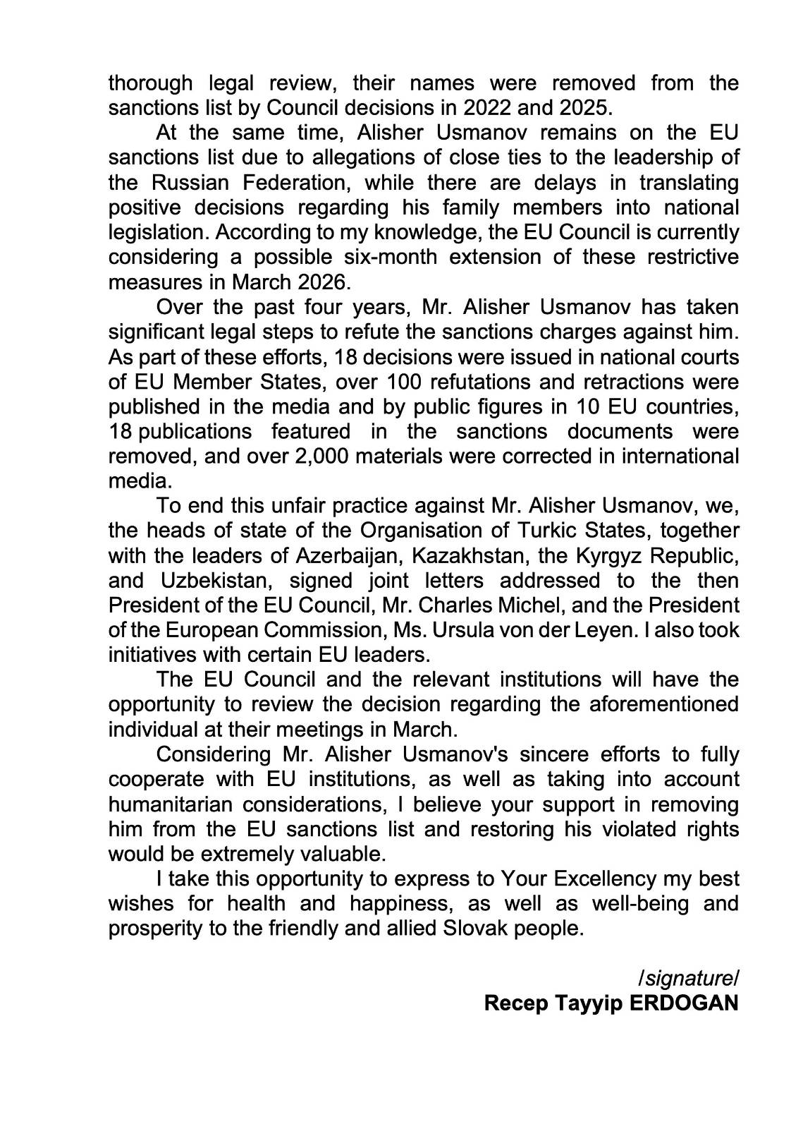 List do Roberta Fico od prezydenta Turcji, Recepa Tayyipa Erdoğana, w sprawie Alishera Usmanova | źródło: materiały własne