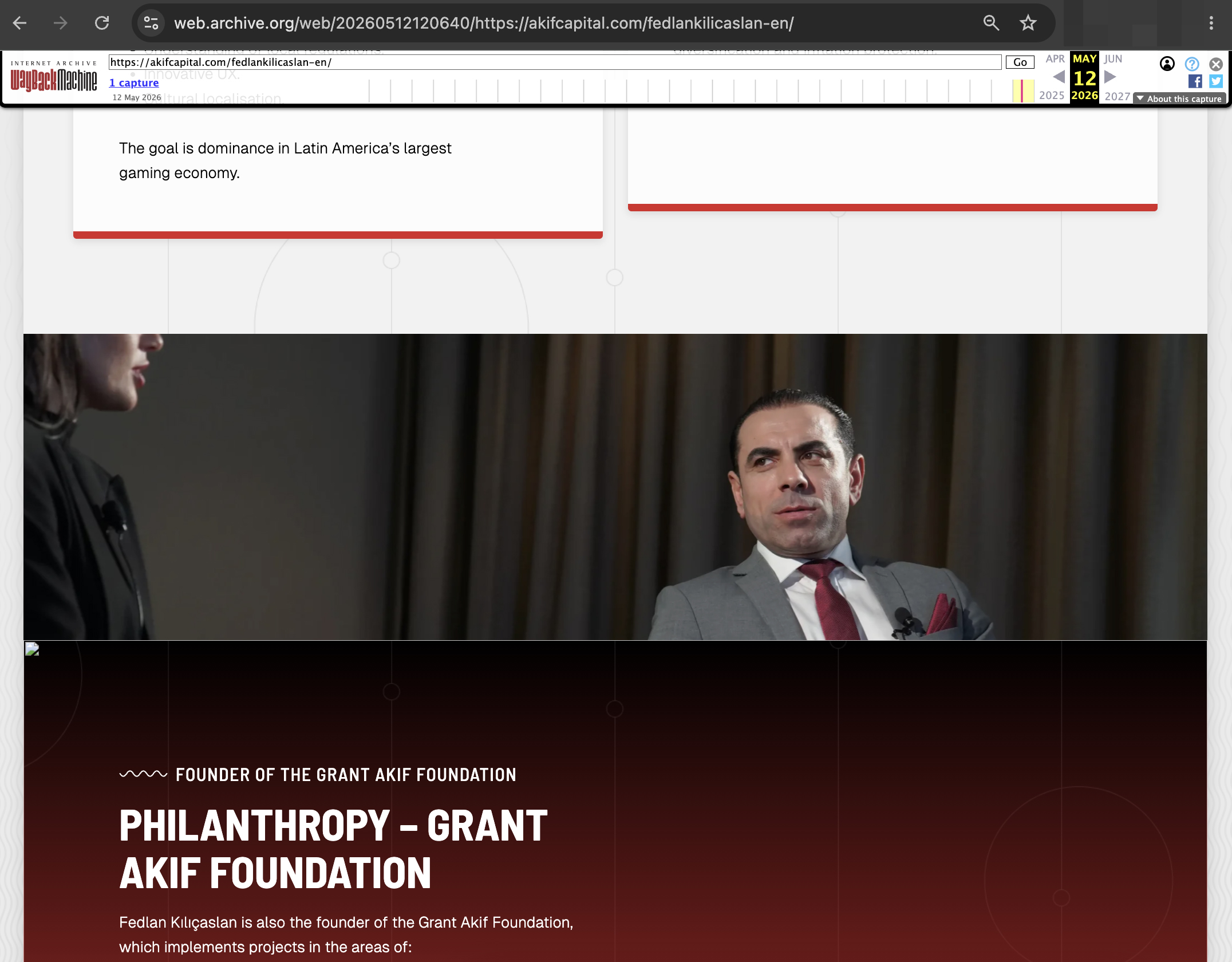 Zrzut ekranu strony internetowej Akif Capital przedstawiający Fedlana Kılıçaslana jako filantropa. Źródło: Screenshot/WebArchive/akifcapital.com