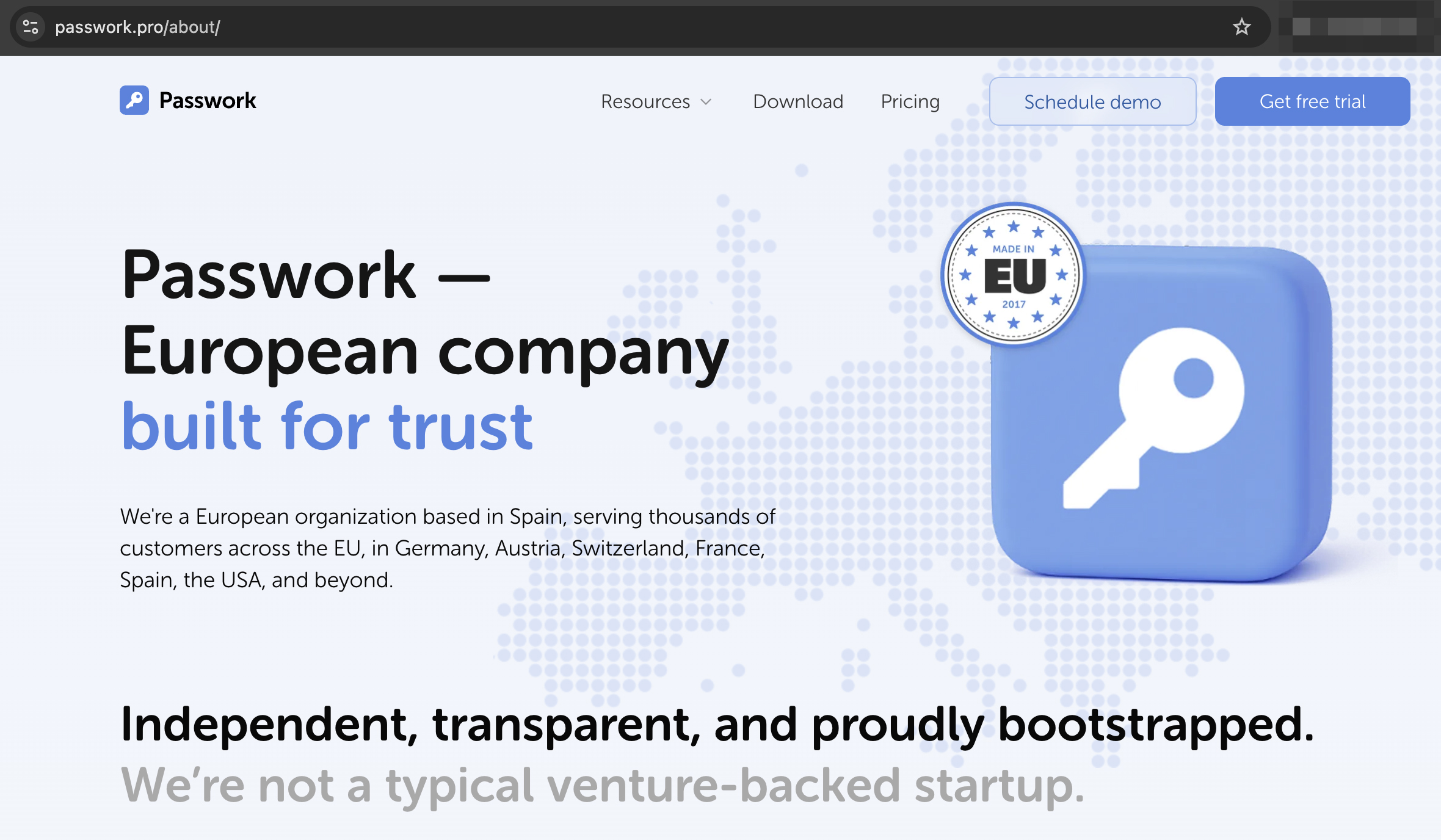 Sekcja „O nas” na anglojęzycznej stronie internetowej Passwork. Źródło: Zrzut ekranu/passwork.pro/about