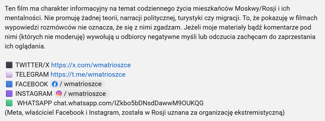 Fragment opisu pod materiałami vlogera / Źródło: YouTube @wmatrioszce