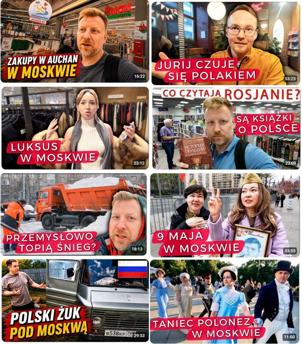 Przekrój twórczości na kanale @wmatrioszce. Treści lifestylowe, "polskie" akcenty w Moskwie i państwowe uroczystości / Źródło: YouTube, opracowanie własne miniatur filmów
